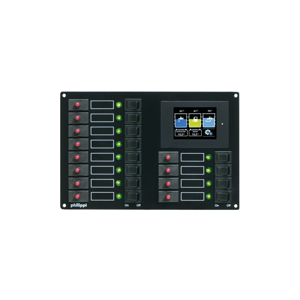 Schalttafel (12 Stromkreise) mit 12 roten Sicherungsautomaten, 12 grünen Leuchtiodenanzeigen und 12 Wippschaltern (On/Off), Batteriemonitor, philippi bootselektrik