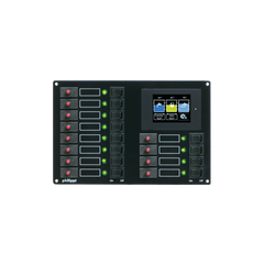 Schalttafel (12 Stromkreise) mit 12 roten Sicherungsautomaten, 12 grünen Leuchtiodenanzeigen und 12 Wippschaltern (On/Off), Batteriemonitor, philippi bootselektrik