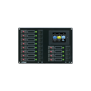 Schalttafel (12 Stromkreise) mit 12 roten Sicherungsautomaten, 12 grünen Leuchtiodenanzeigen und 12 Wippschaltern (On/Off), Batteriemonitor, philippi bootselektrik