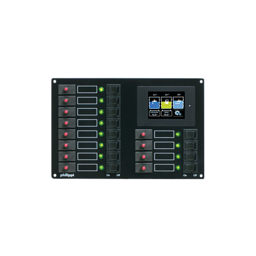 Schalttafel (12 Stromkreise) mit 12 roten Sicherungsautomaten, 12 grünen Leuchtiodenanzeigen und 12 Wippschaltern (On/Off), Batteriemonitor, philippi bootselektrik