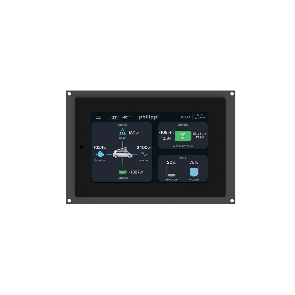 Philippi PCU Control Unit mit Rahmen, Touch-Display Hauptmenü mit Batterie- und Tanküberwachung
