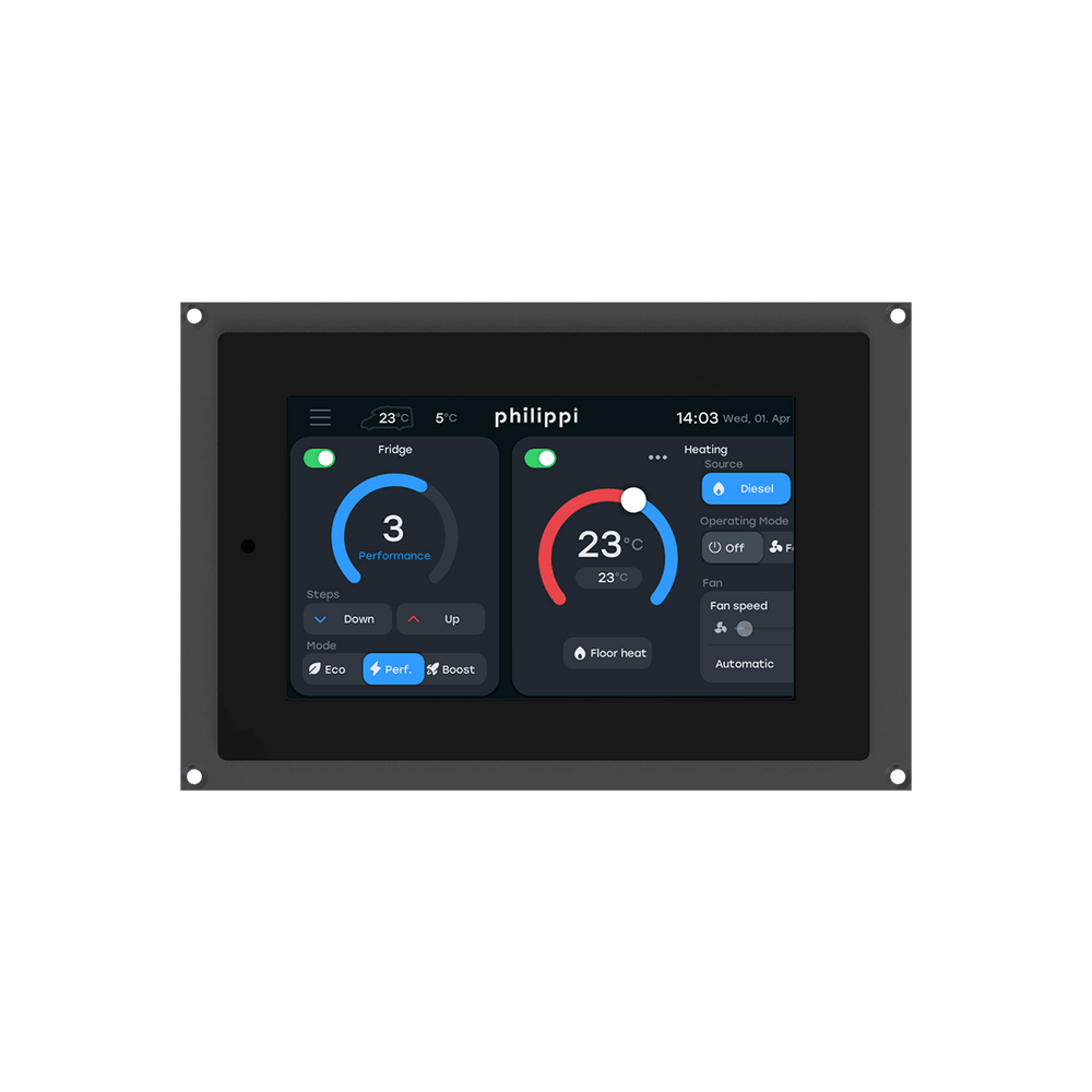 Philippi PCU Control Unit mit Rahmen, Touch-Display Hauptmenü mit Batterie- und Tanküberwachung