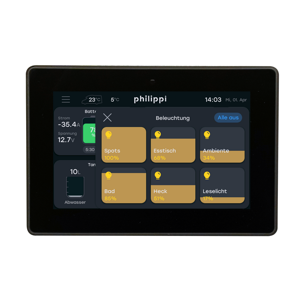 Philippi PCU Control Unit mit Rahmen, Touch-Display Hauptmenü mit Batterie- und Tanküberwachung