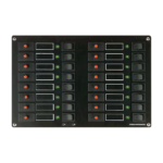 Schalttafel (16 Stromkreise) mit 16 roten Sicherungsautomaten, 16 grünen Leuchtiodenanzeigen und 16 Wippschaltern (On/Off), philippi bootselektrik