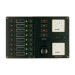 Schalttafel (8 Stromkreise) mit 8 roten Sicherungsautomaten, 8 grünen Leuchtiodenanzeigen und 8 Wippschaltern (On/Off), philippi bootselektrik