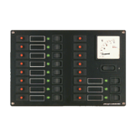 Schalttafel (11+5 Stromkreise) mit 11 roten Sicherungsautomaten, 11 grünen Leuchtiodenanzeigen und 11 Wippschaltern (On/Off), Voltmeter, philippi bootselektrik