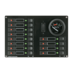 Schalttafel (12 Stromkreise) mit 12 roten Sicherungsautomaten, 12 grünen Leuchtiodenanzeigen und 12 Wippschaltern (On/Off), Voltmeter, philippi bootselektrik