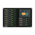 Schalttafel (8 Stromkreise) mit 8 roten Sicherungsautomaten, 8 grünen Leuchtiodenanzeigen und 8 Wippschaltern (On/Off), Batteriemonitor, philippi bootselektrik